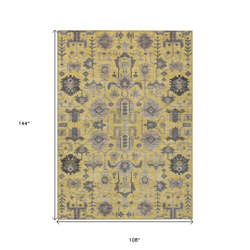 9' X 12' Yellow Gray And Charcoal Oriental Washable Indoor Outdoor Area Rug