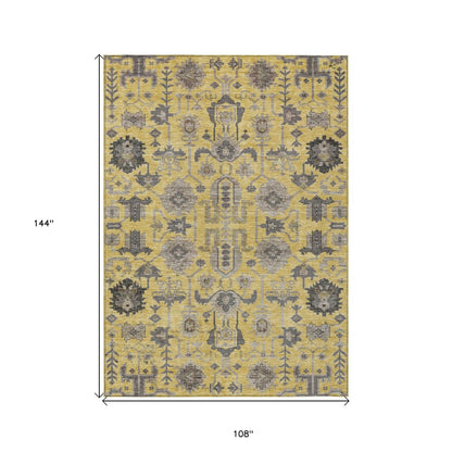 9' X 12' Yellow Gray And Charcoal Oriental Washable Indoor Outdoor Area Rug