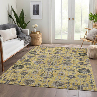9' X 12' Yellow Gray And Charcoal Oriental Washable Indoor Outdoor Area Rug