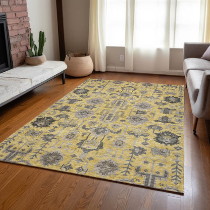 9' X 12' Yellow Gray And Charcoal Oriental Washable Indoor Outdoor Area Rug