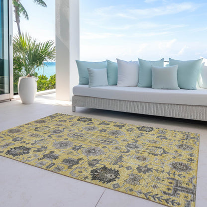 9' X 12' Yellow Gray And Charcoal Oriental Washable Indoor Outdoor Area Rug