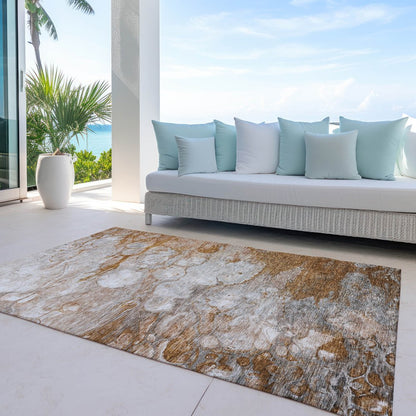 9' X 12' Terra Cotta Gray And Silver Abstract Washable Indoor Outdoor Area Rug