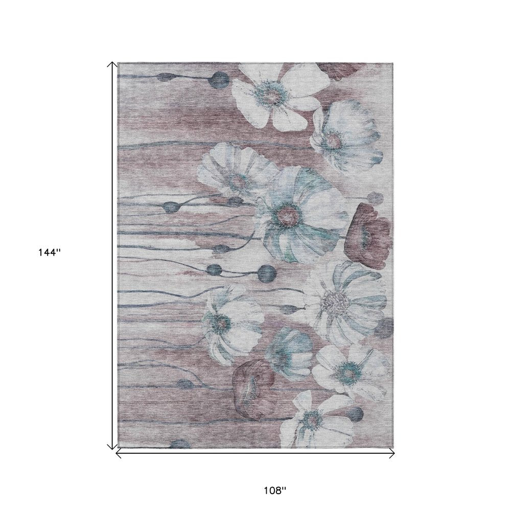 9' X 12' Teal Blue Aqua And Ivory Floral Washable Indoor Outdoor Area Rug