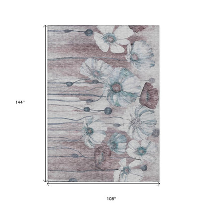 9' X 12' Teal Blue Aqua And Ivory Floral Washable Indoor Outdoor Area Rug