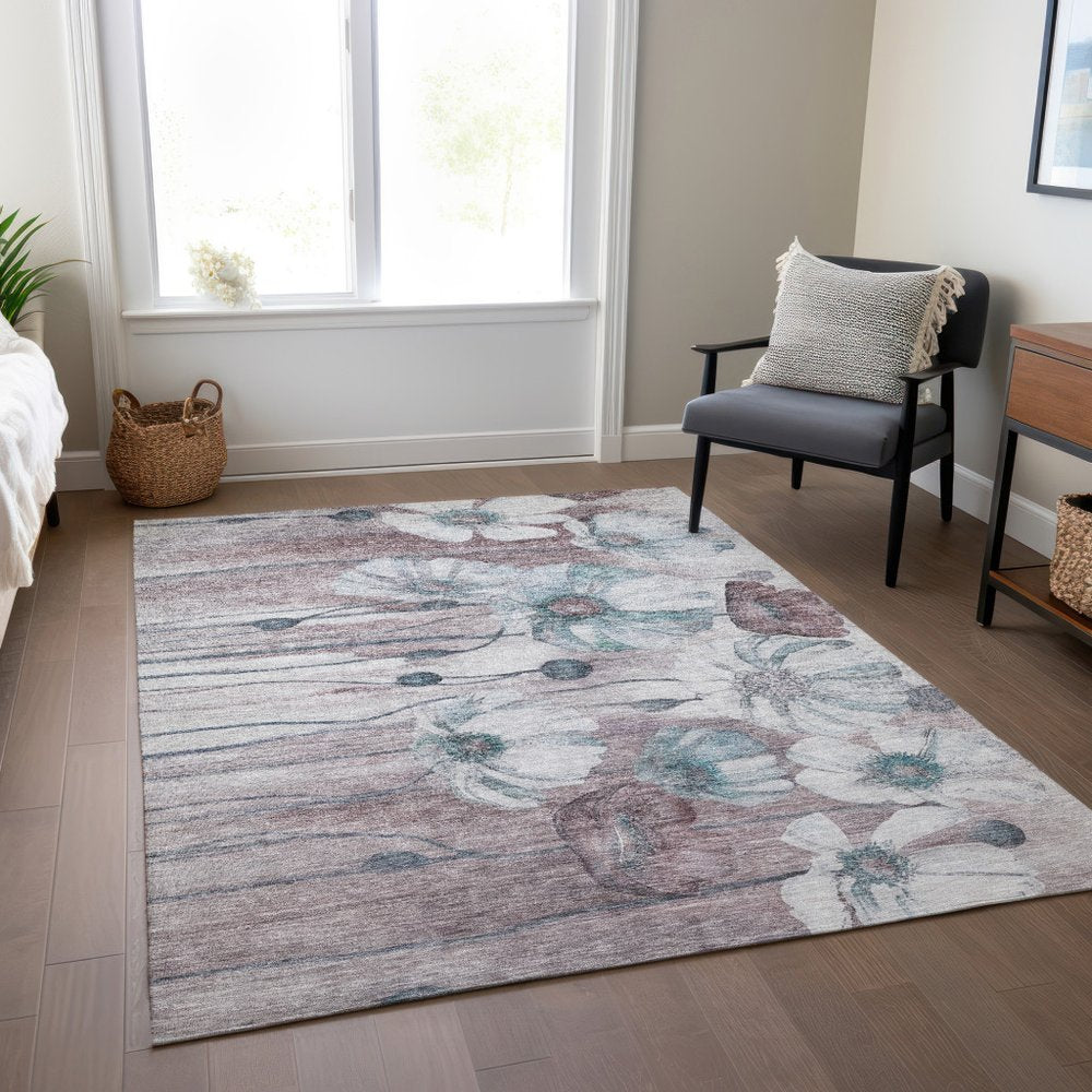 9' X 12' Teal Blue Aqua And Ivory Floral Washable Indoor Outdoor Area Rug