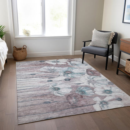 9' X 12' Teal Blue Aqua And Ivory Floral Washable Indoor Outdoor Area Rug