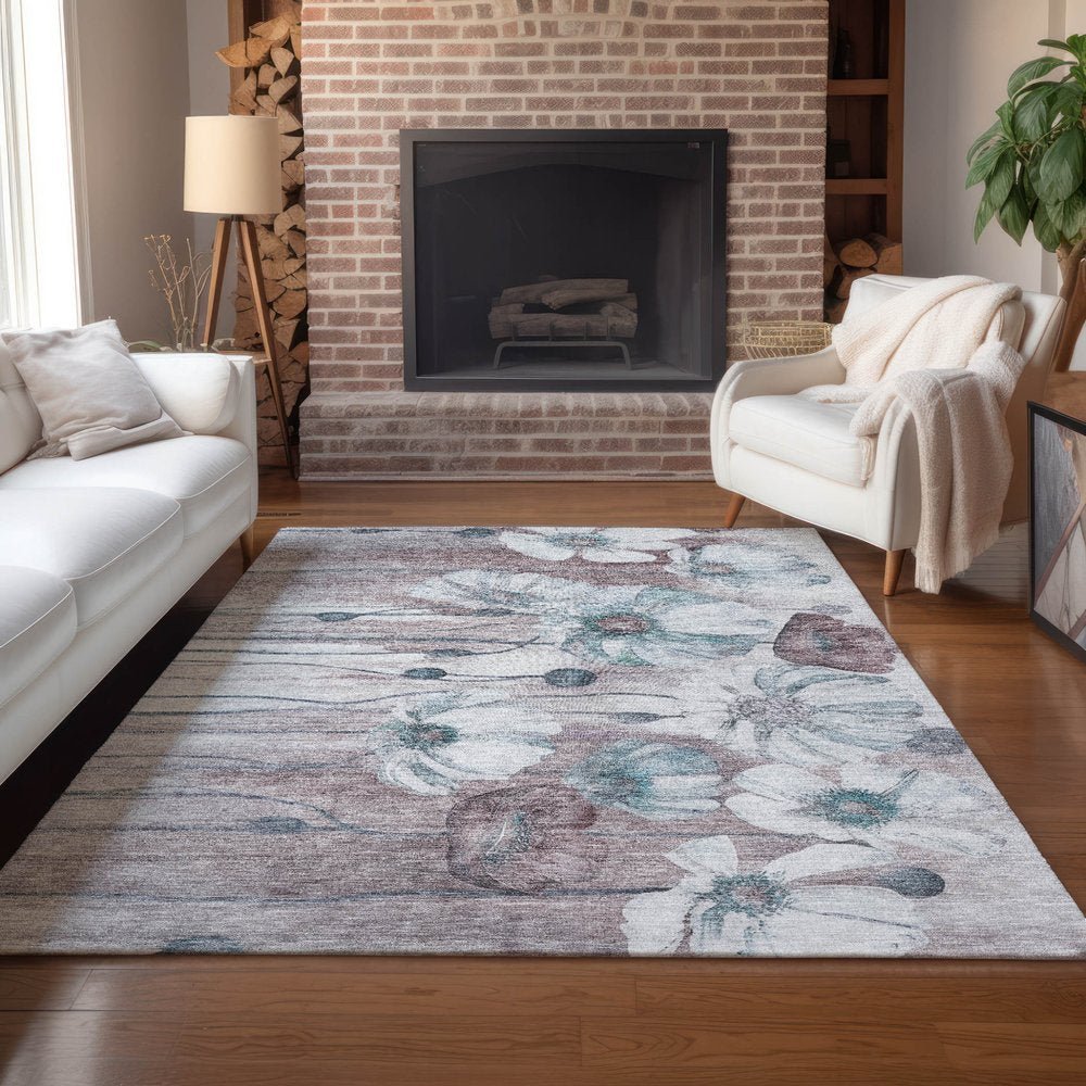 9' X 12' Teal Blue Aqua And Ivory Floral Washable Indoor Outdoor Area Rug