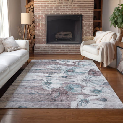 9' X 12' Teal Blue Aqua And Ivory Floral Washable Indoor Outdoor Area Rug