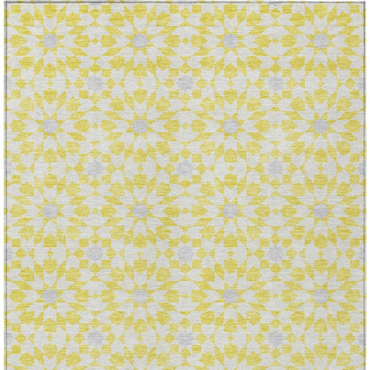 9' X 12' Yellow Ivory And Gray Floral Medallion Washable Indoor Outdoor Area Rug