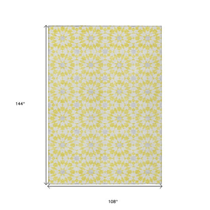 9' X 12' Yellow Ivory And Gray Floral Medallion Washable Indoor Outdoor Area Rug