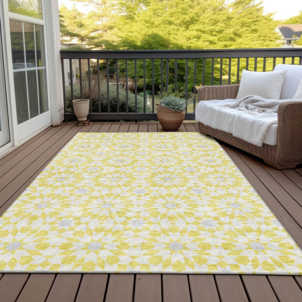 9' X 12' Yellow Ivory And Gray Floral Medallion Washable Indoor Outdoor Area Rug
