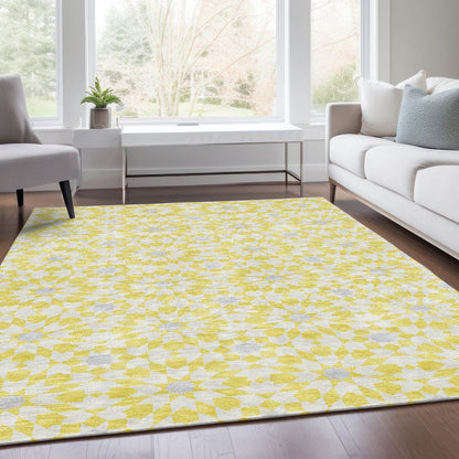 9' X 12' Yellow Ivory And Gray Floral Medallion Washable Indoor Outdoor Area Rug