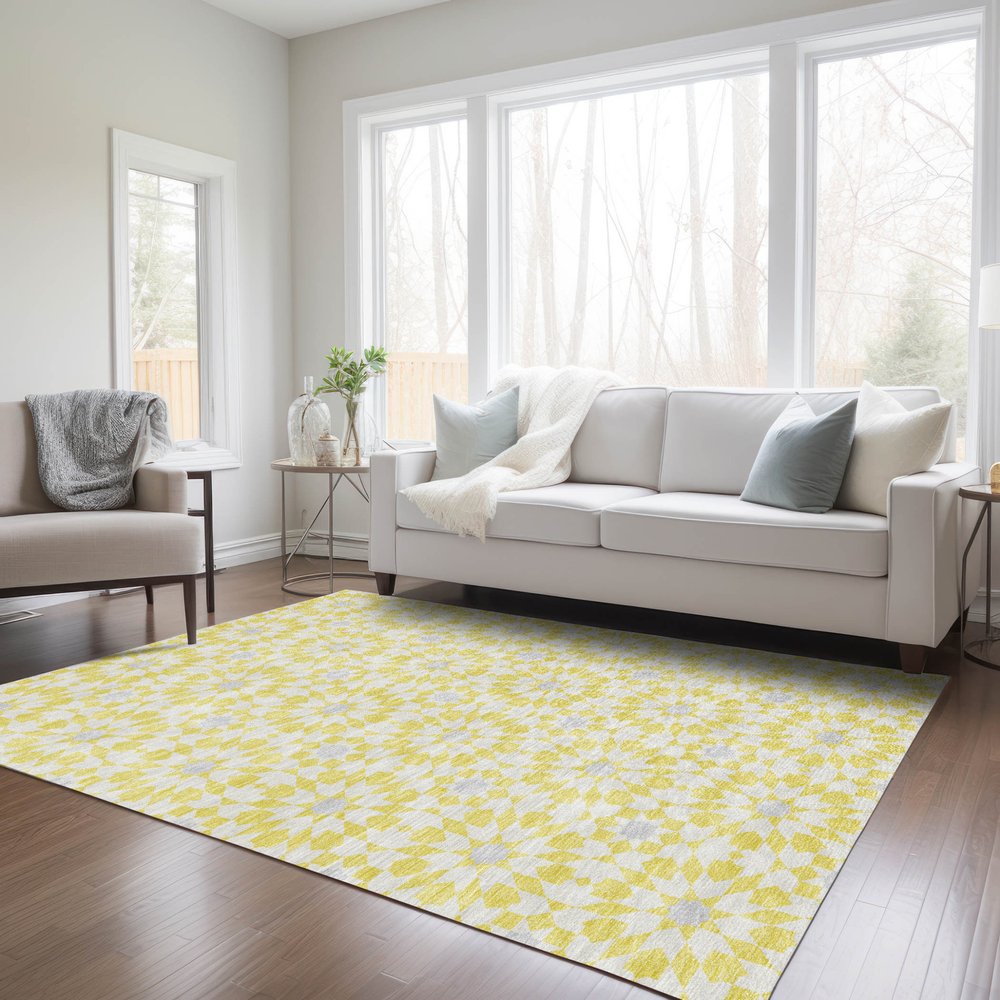 9' X 12' Yellow Ivory And Gray Floral Medallion Washable Indoor Outdoor Area Rug