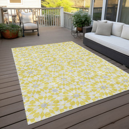 9' X 12' Yellow Ivory And Gray Floral Medallion Washable Indoor Outdoor Area Rug