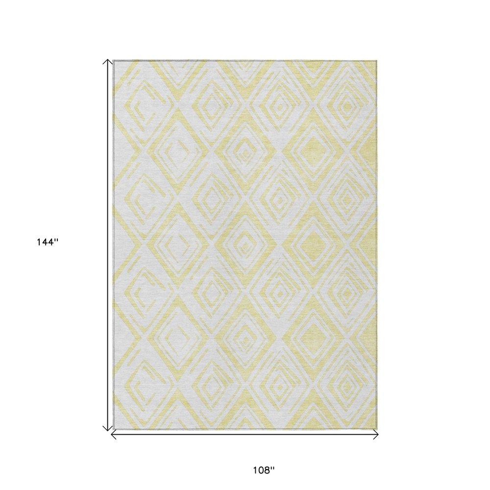 9' X 12' Yellow And Ivory Geometric Washable Indoor Outdoor Area Rug