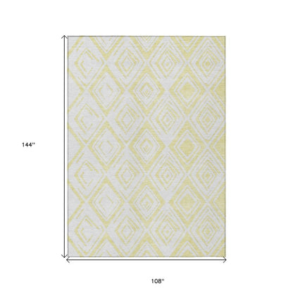 9' X 12' Yellow And Ivory Geometric Washable Indoor Outdoor Area Rug