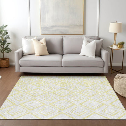 9' X 12' Yellow And Ivory Geometric Washable Indoor Outdoor Area Rug
