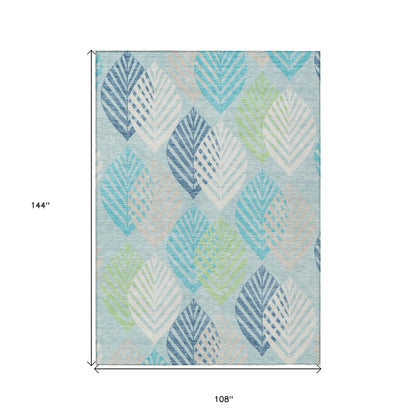 9' X 12' Teal Blue Aqua And Navy Blue Floral Washable Indoor Outdoor Area Rug