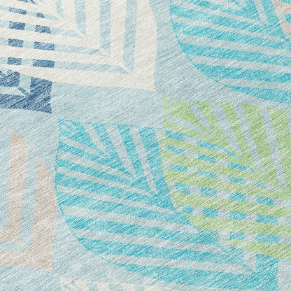 9' X 12' Teal Blue Aqua And Navy Blue Floral Washable Indoor Outdoor Area Rug