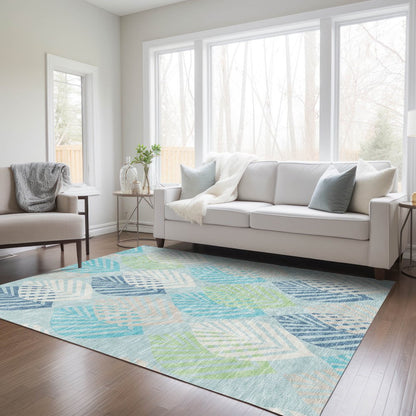 9' X 12' Teal Blue Aqua And Navy Blue Floral Washable Indoor Outdoor Area Rug
