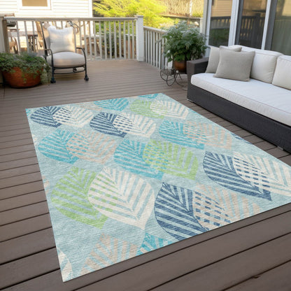 9' X 12' Teal Blue Aqua And Navy Blue Floral Washable Indoor Outdoor Area Rug