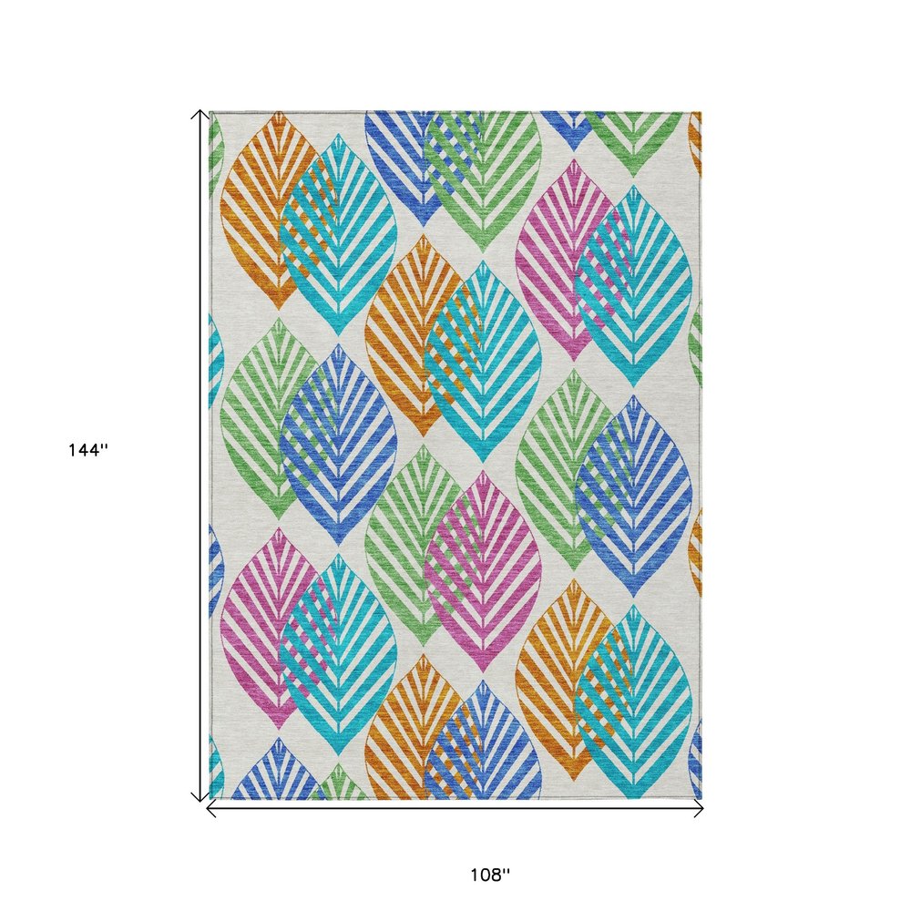 9' X 12' White Orange And Blue Floral Washable Indoor Outdoor Area Rug