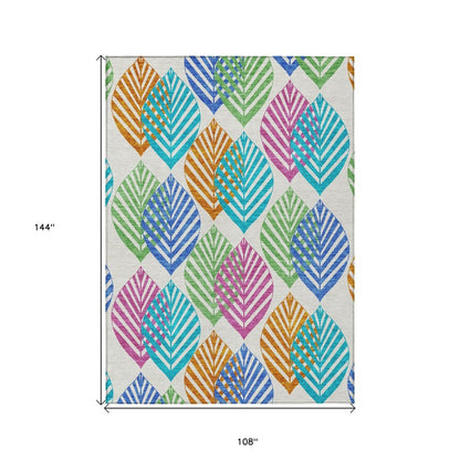 9' X 12' White Orange And Blue Floral Washable Indoor Outdoor Area Rug