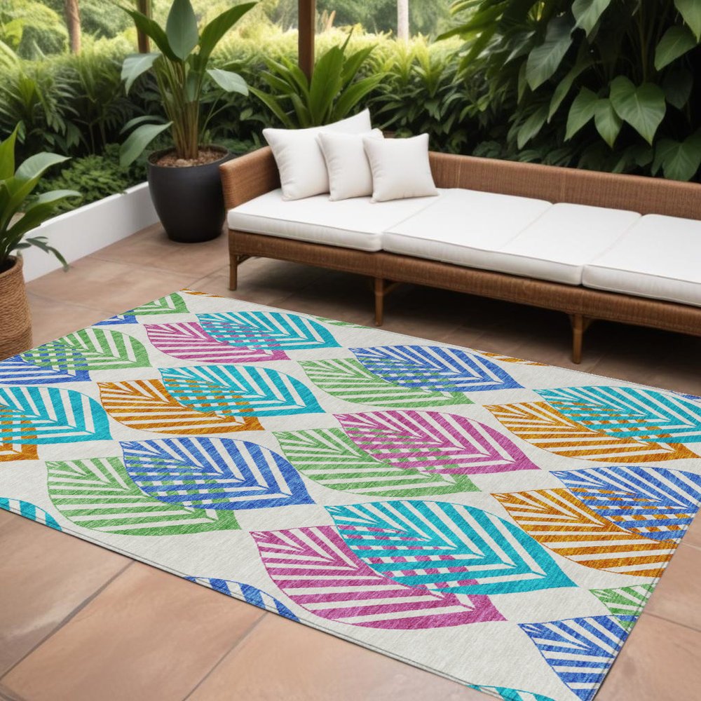 9' X 12' White Orange And Blue Floral Washable Indoor Outdoor Area Rug