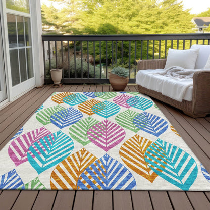 9' X 12' White Orange And Blue Floral Washable Indoor Outdoor Area Rug