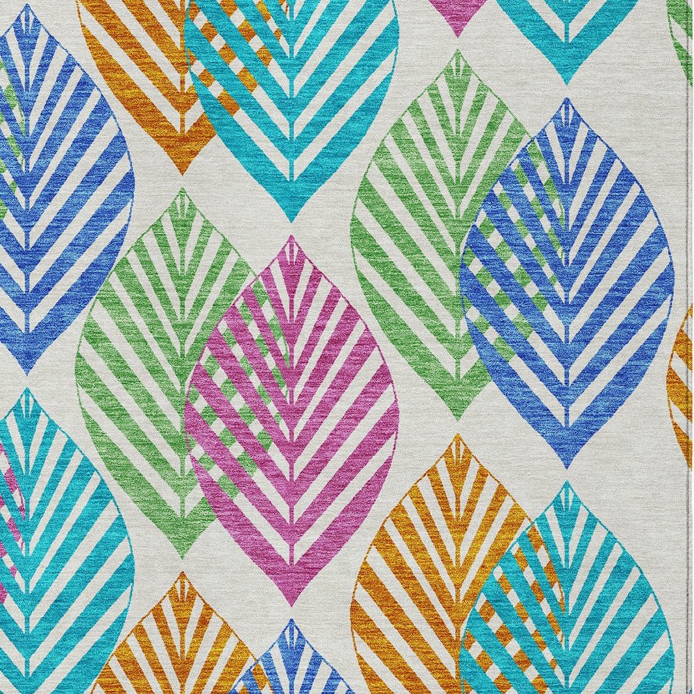 9' X 12' White Orange And Blue Floral Washable Indoor Outdoor Area Rug
