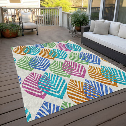 9' X 12' White Orange And Blue Floral Washable Indoor Outdoor Area Rug