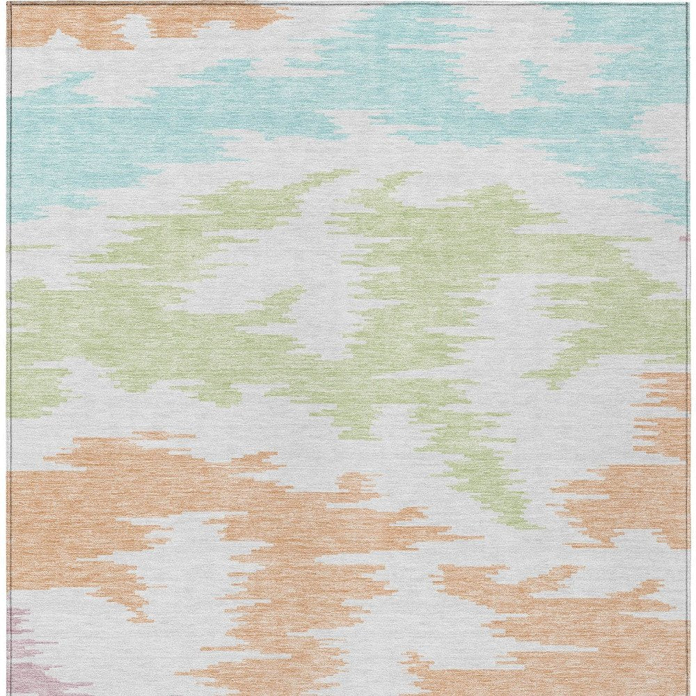9' X 12' White Sky Blue And Artichoke Green Abstract Washable Indoor Outdoor Area Rug