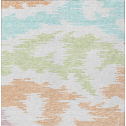 9' X 12' White Sky Blue And Artichoke Green Abstract Washable Indoor Outdoor Area Rug