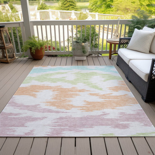 9' X 12' White Sky Blue And Artichoke Green Abstract Washable Indoor Outdoor Area Rug