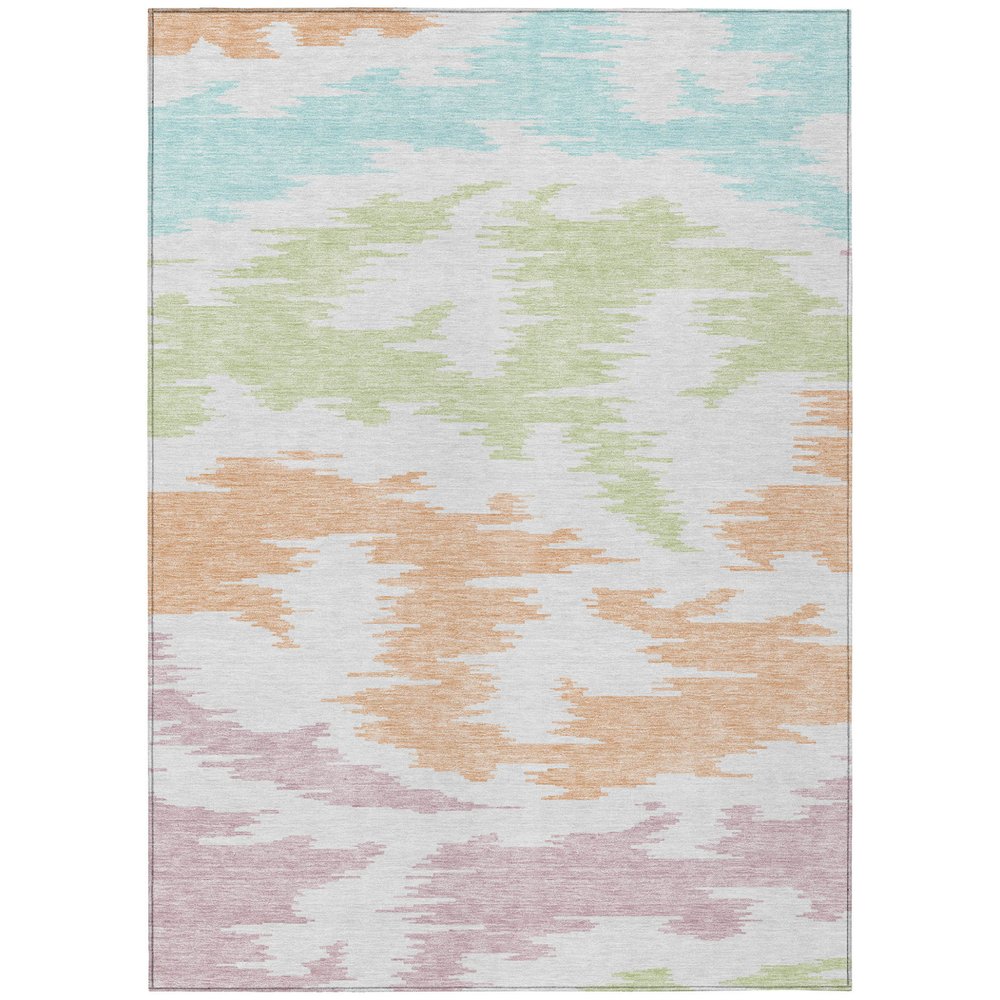 9' X 12' White Sky Blue And Artichoke Green Abstract Washable Indoor Outdoor Area Rug