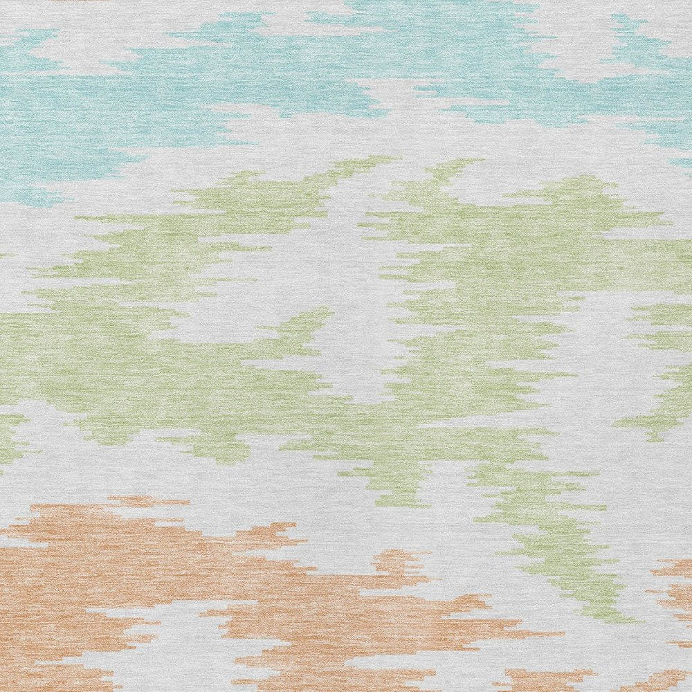 9' X 12' White Sky Blue And Artichoke Green Abstract Washable Indoor Outdoor Area Rug