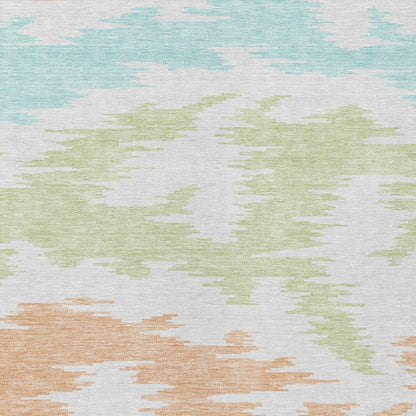 9' X 12' White Sky Blue And Artichoke Green Abstract Washable Indoor Outdoor Area Rug