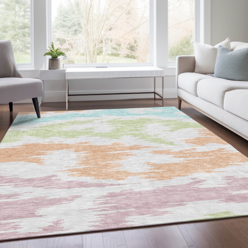 9' X 12' White Sky Blue And Artichoke Green Abstract Washable Indoor Outdoor Area Rug