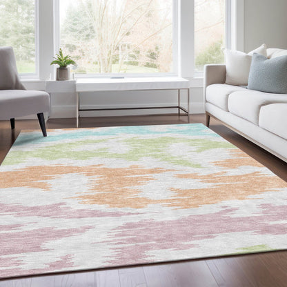 9' X 12' White Sky Blue And Artichoke Green Abstract Washable Indoor Outdoor Area Rug