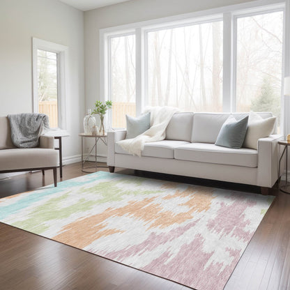 9' X 12' White Sky Blue And Artichoke Green Abstract Washable Indoor Outdoor Area Rug