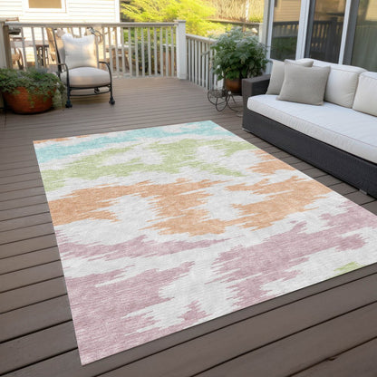9' X 12' White Sky Blue And Artichoke Green Abstract Washable Indoor Outdoor Area Rug