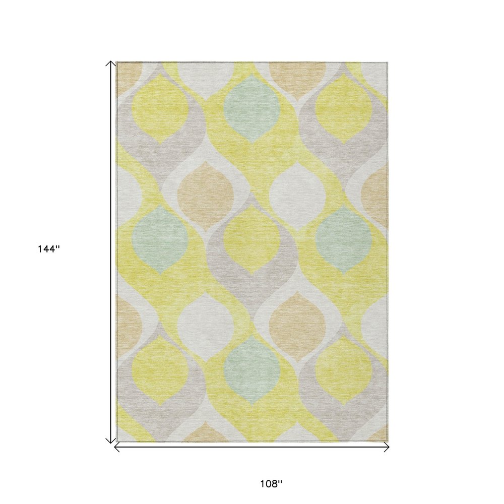 9' X 12' Yellow Mint Green And Beige Ogee Washable Indoor Outdoor Area Rug