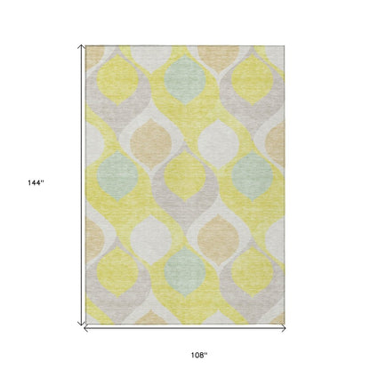 9' X 12' Yellow Mint Green And Beige Ogee Washable Indoor Outdoor Area Rug