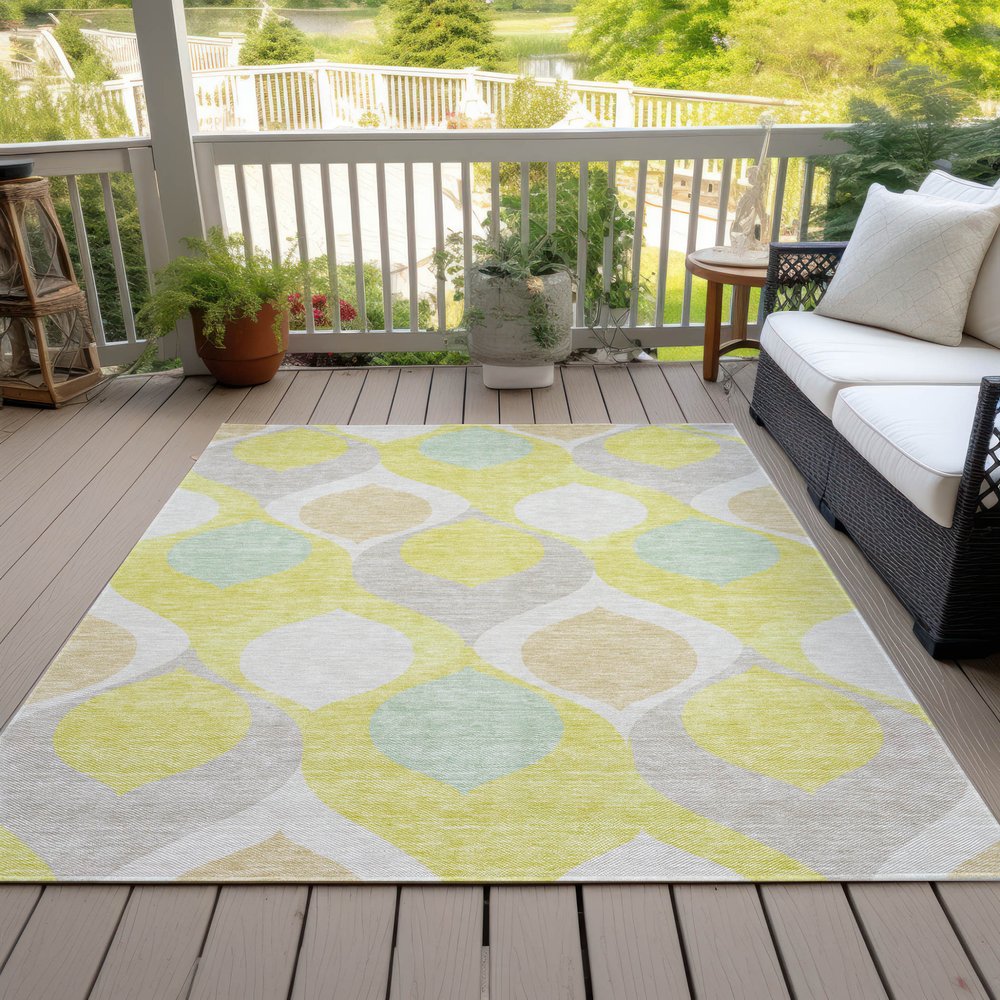9' X 12' Yellow Mint Green And Beige Ogee Washable Indoor Outdoor Area Rug