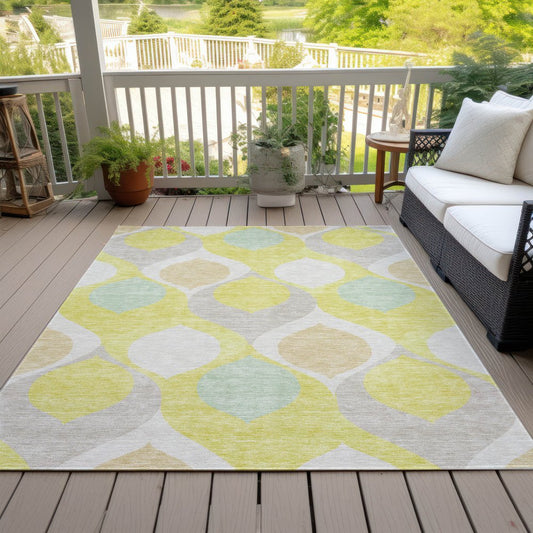 9' X 12' Yellow Mint Green And Beige Ogee Washable Indoor Outdoor Area Rug