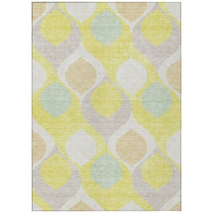 9' X 12' Yellow Mint Green And Beige Ogee Washable Indoor Outdoor Area Rug