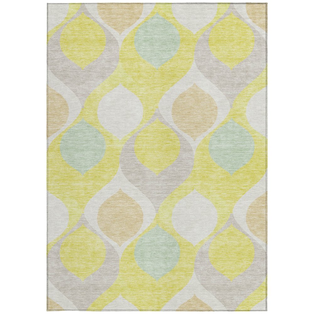 9' X 12' Yellow Mint Green And Beige Ogee Washable Indoor Outdoor Area Rug