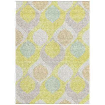 9' X 12' Yellow Mint Green And Beige Ogee Washable Indoor Outdoor Area Rug