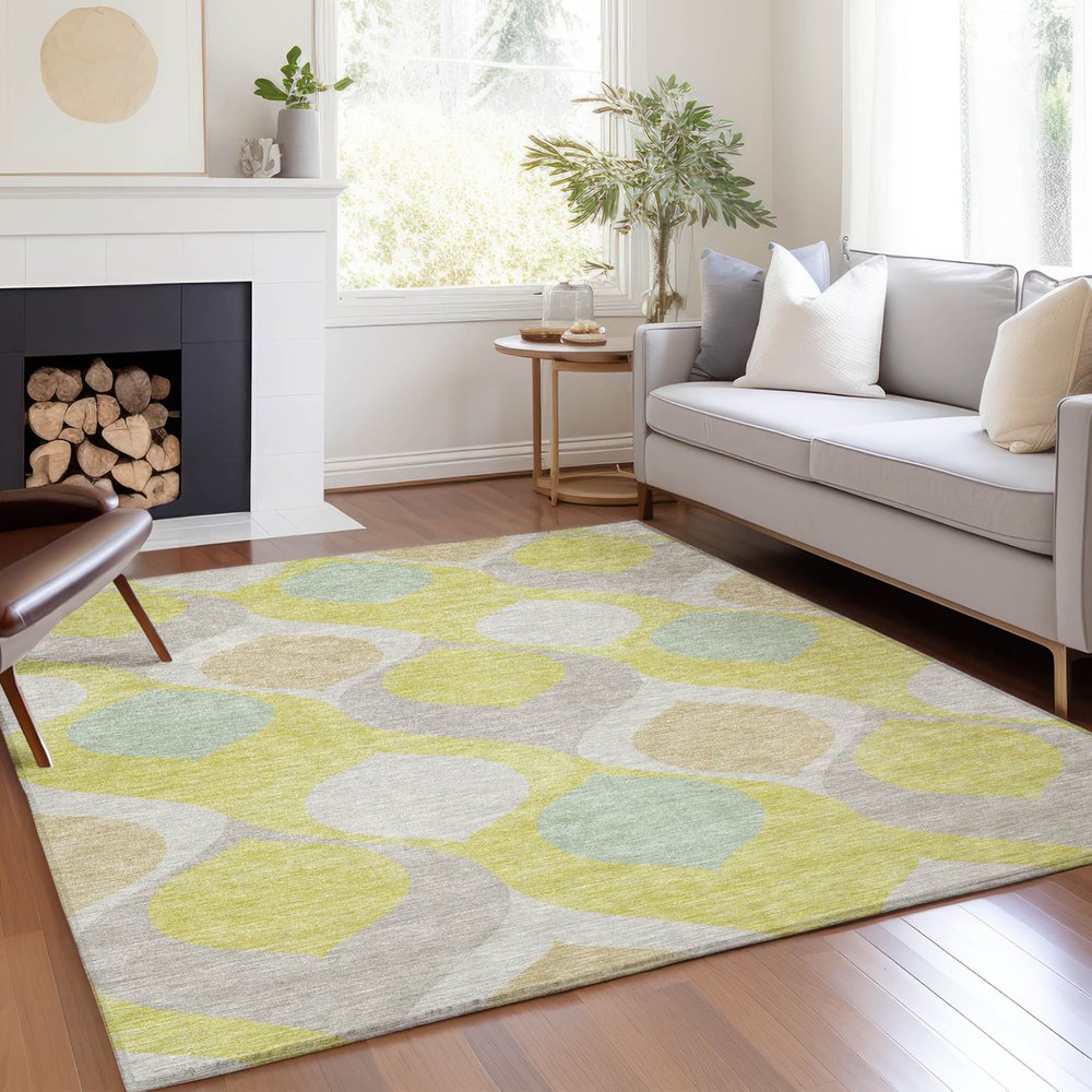9' X 12' Yellow Mint Green And Beige Ogee Washable Indoor Outdoor Area Rug
