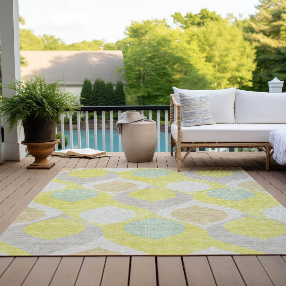9' X 12' Yellow Mint Green And Beige Ogee Washable Indoor Outdoor Area Rug